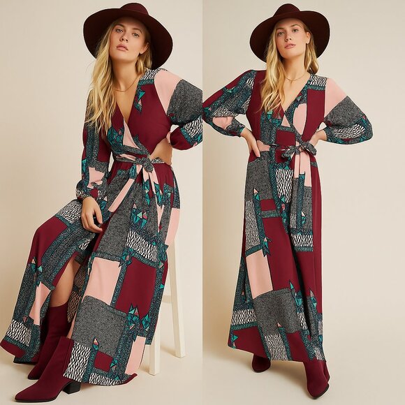 Anthropologie Dresses & Skirts - Anthro Porridge Virginia Wrap Maxi Dress Size Small Patchwork Print Boho